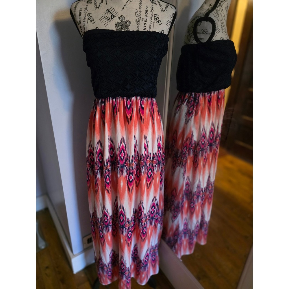 Rue21 Womens Strapless Maxi Dress Medium Black Crochet Lace Pink Orange